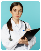 Clinical nursing student reviewing patient data and research documentation for PICOT question development and evidence-based healthcare projects.